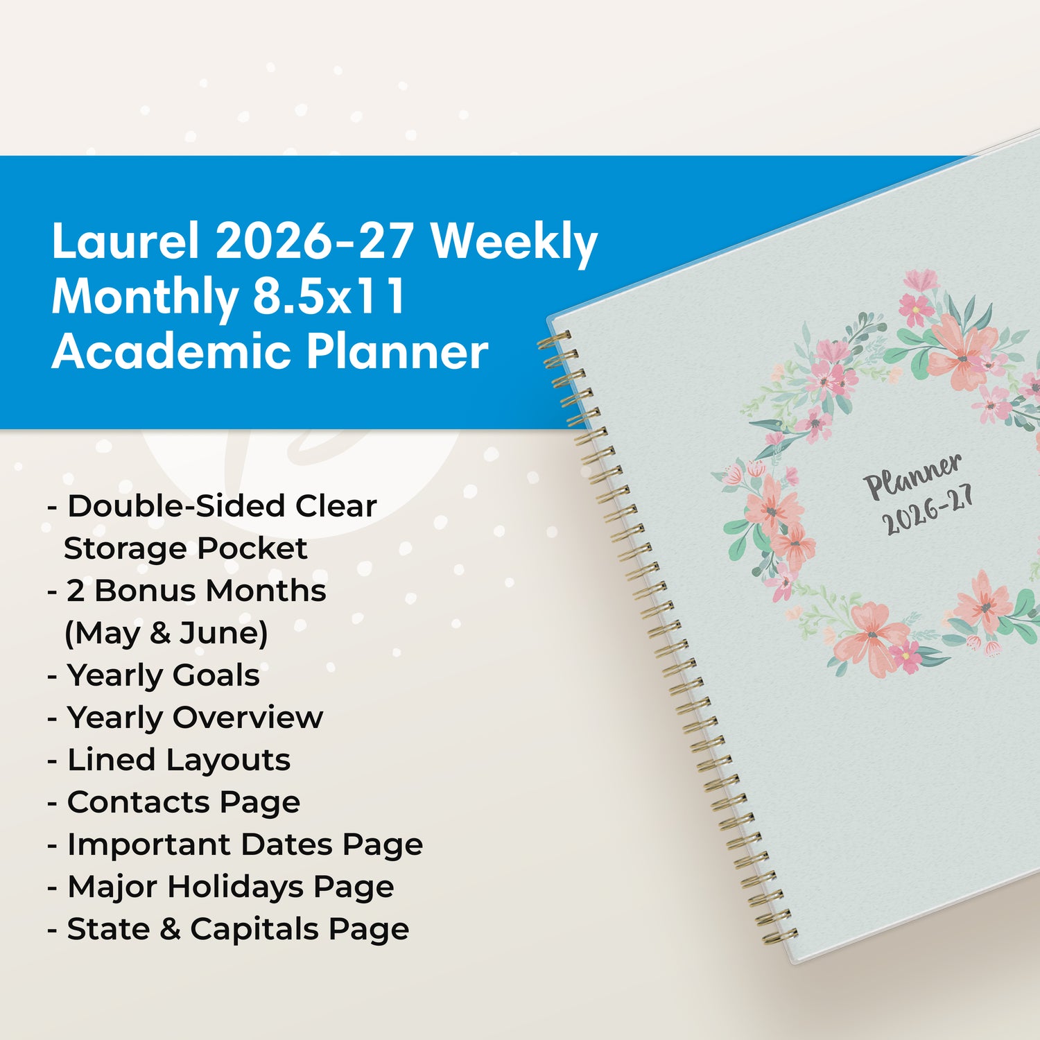 the academic planner features lots of content pages in addition to your monthly and weekly pages, yearly goals, contacts page

