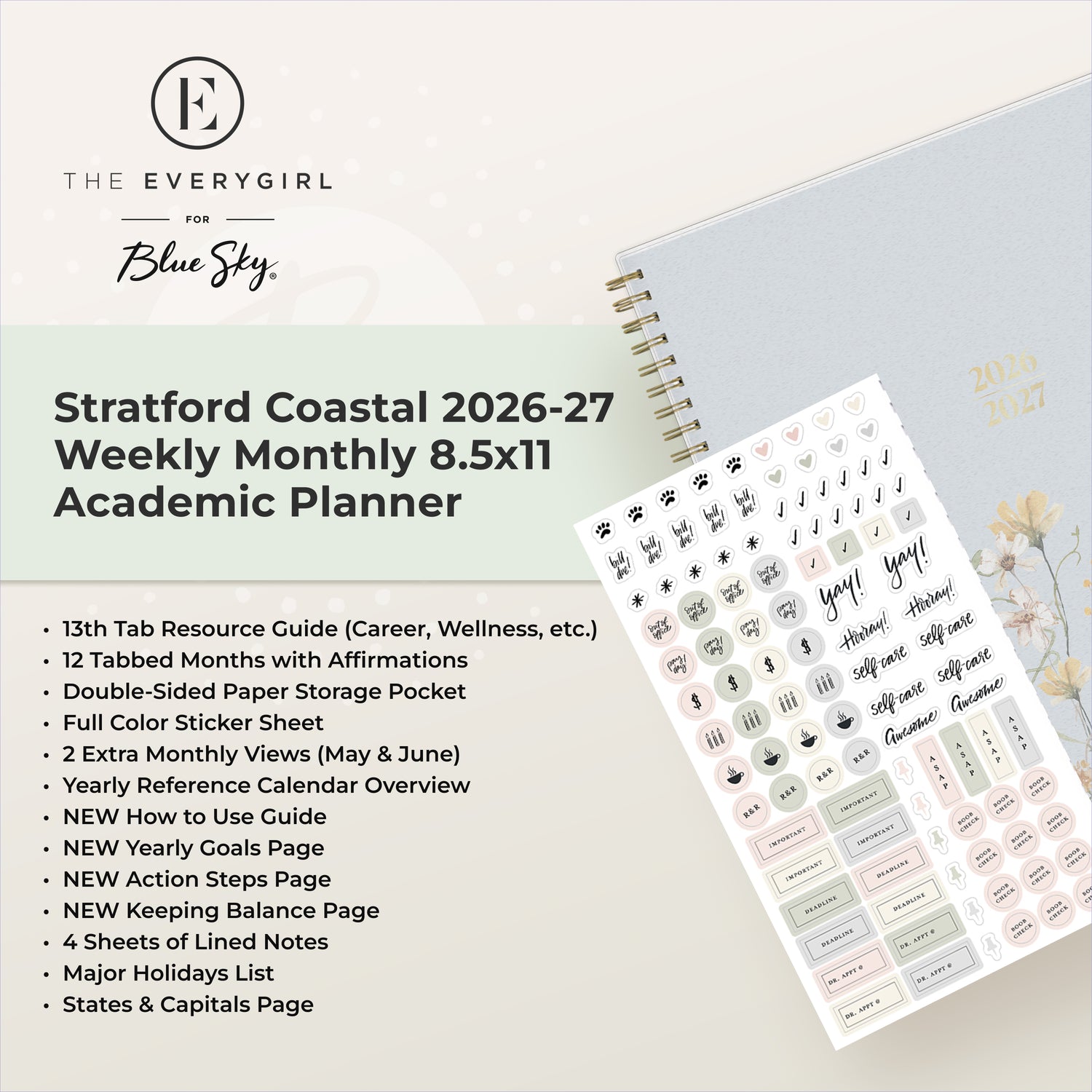 the academic planner features lots of content pages in addition to your monthly and weekly pages, yearly goals, contacts page, sticker sheet