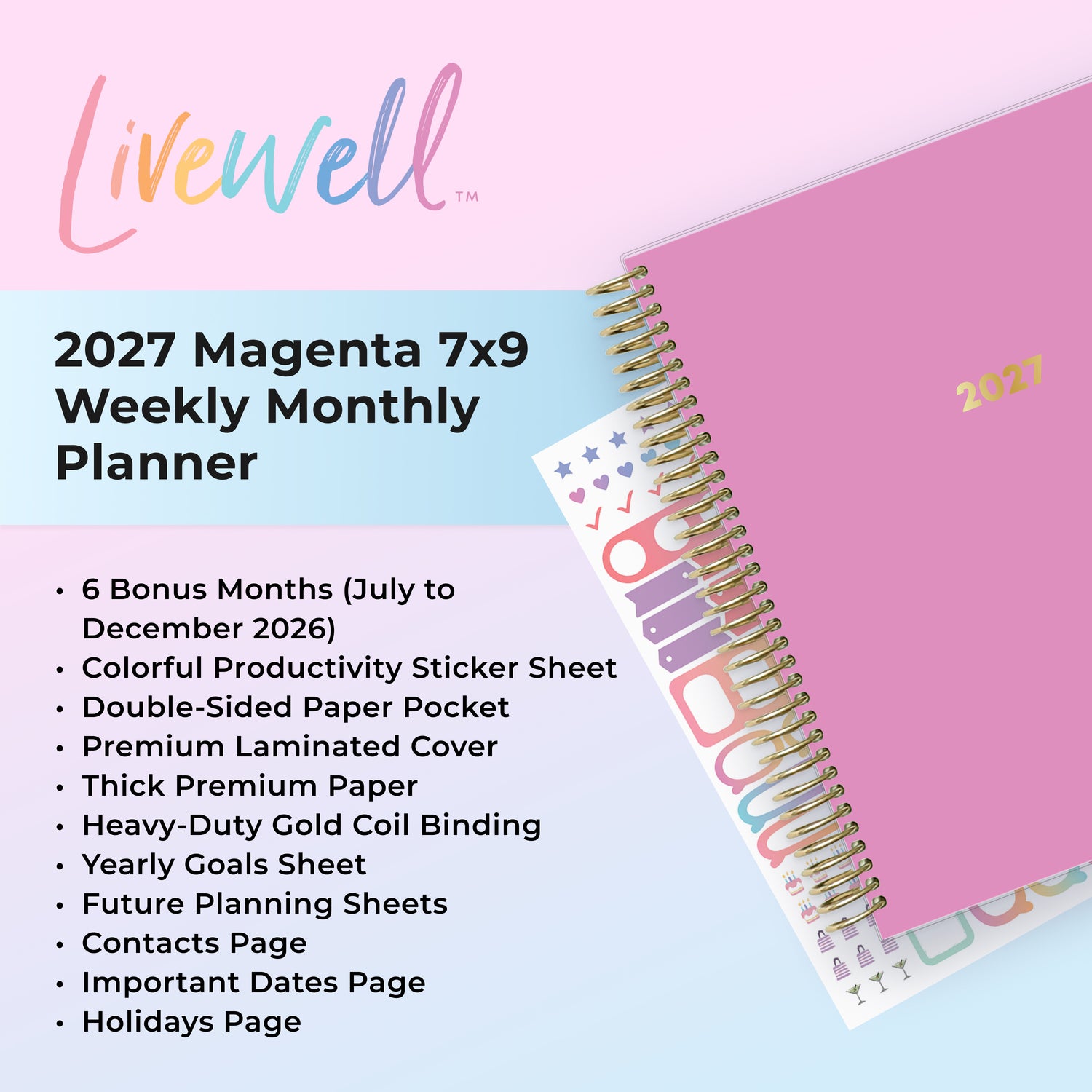 planner featuring bonus content like yearly overview, important dates, holidays, states and capitals, sticker sheets, thick paper and nice coil