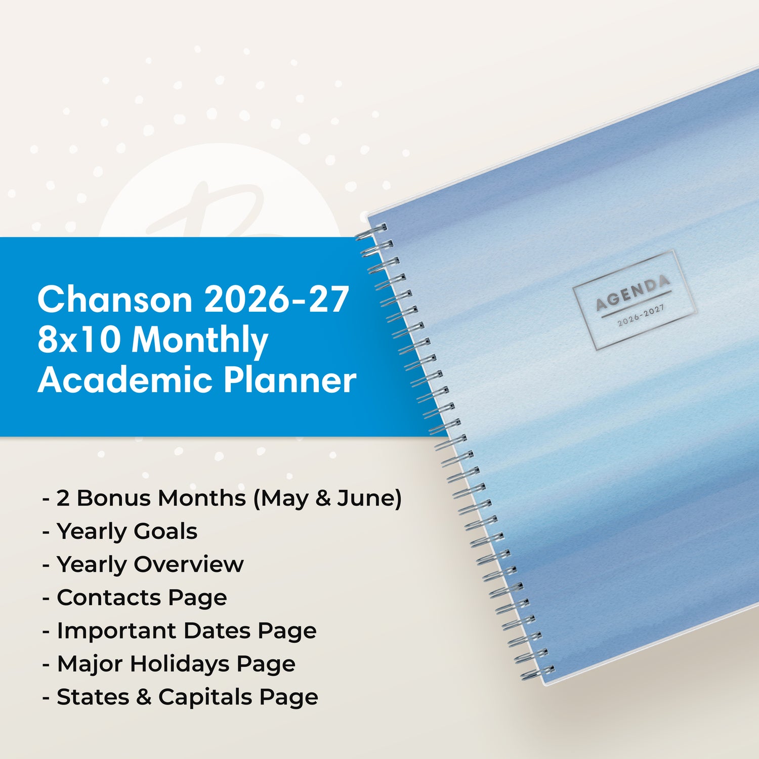 the academic planner features lots of content pages in addition to your monthly pages, yearly goals, contacts page
