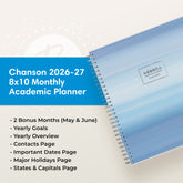 the academic planner features lots of content pages in addition to your monthly pages, yearly goals, contacts page
