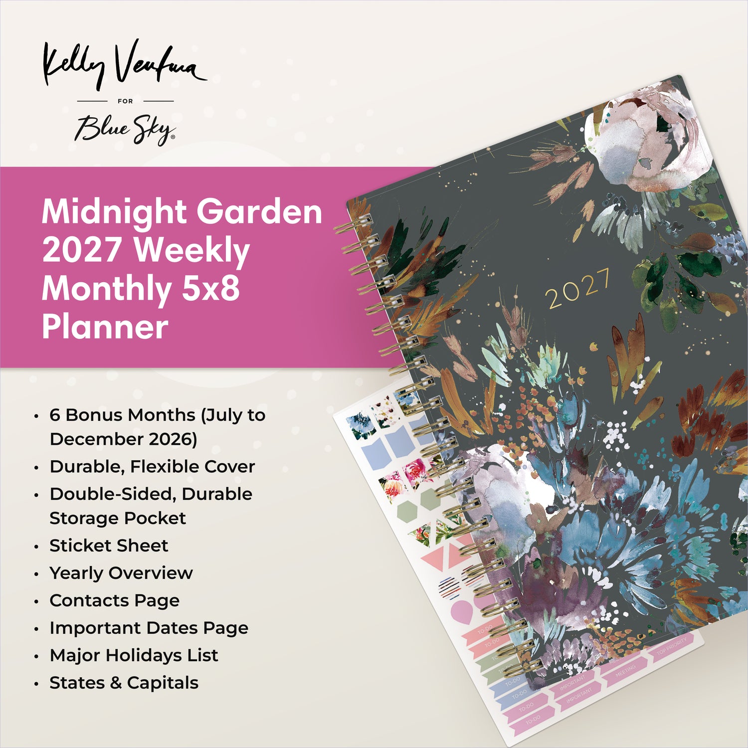 planner featuring bonus content like yearly overview, important dates, holidays, states and capitals