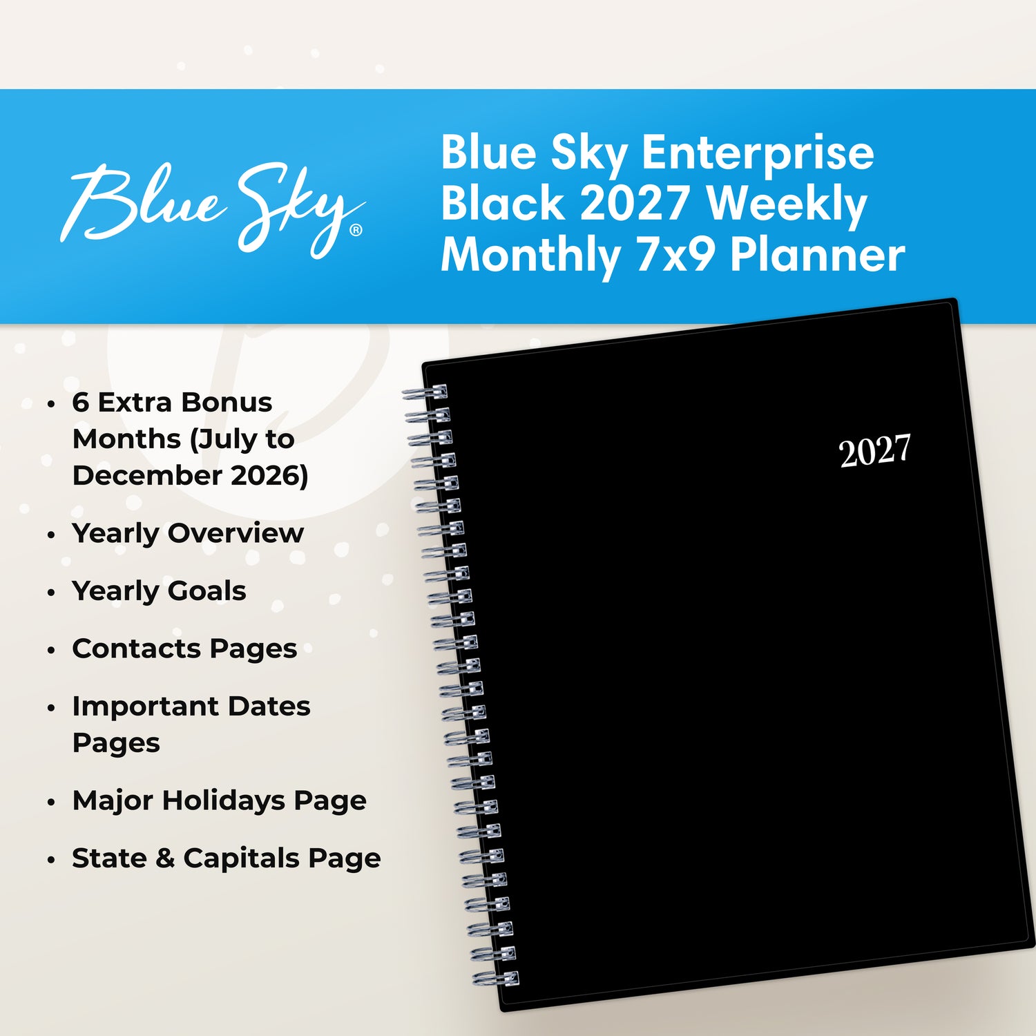 feature callout for this 2027 planner includes notes pages, goals, overview, dates page, holidays.