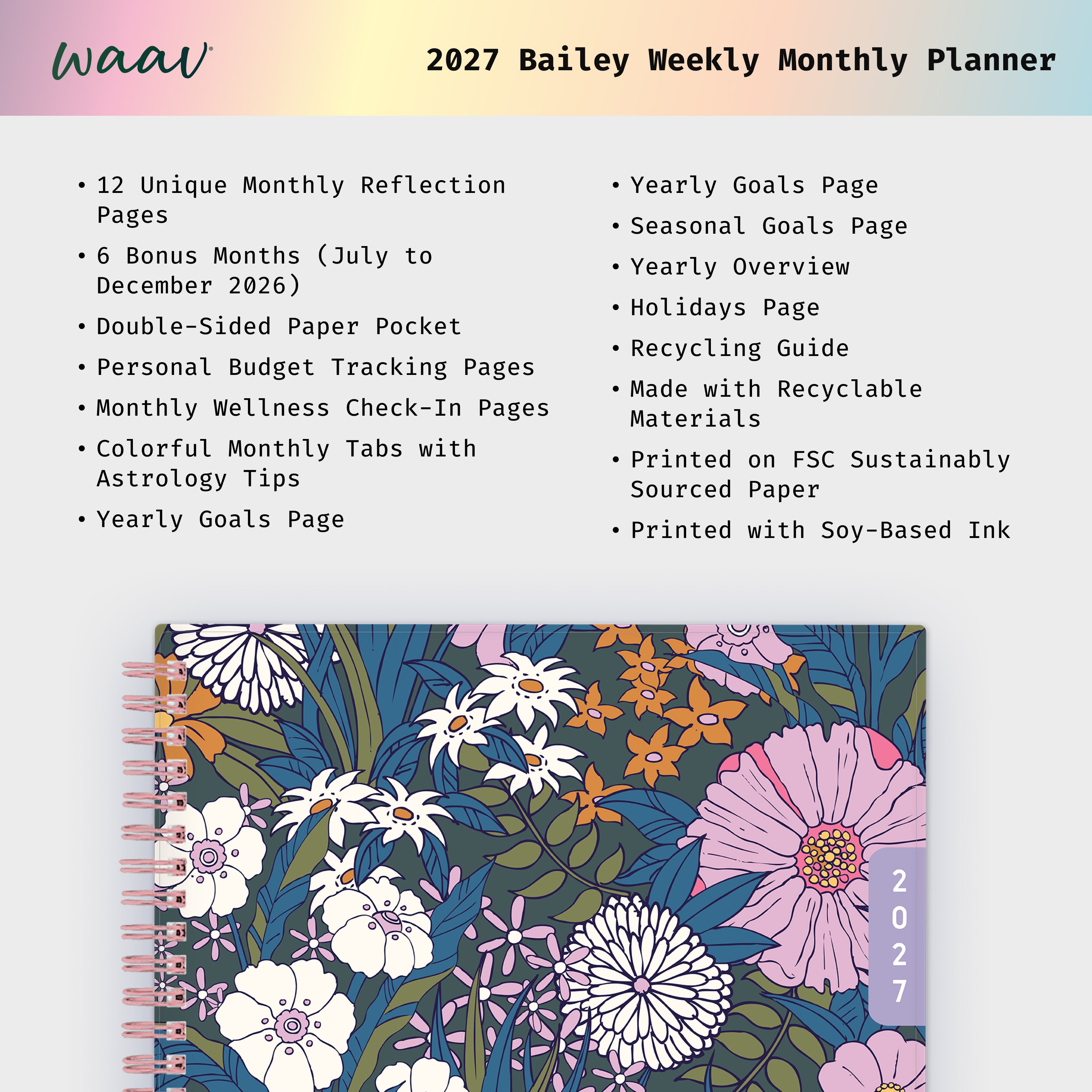 planner featuring bonus content like yearly overview, important dates, holidays, states and capitals