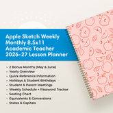 Academic planner with apple pattern on a white background, listing many features like yearly overview, birthdays, etc.