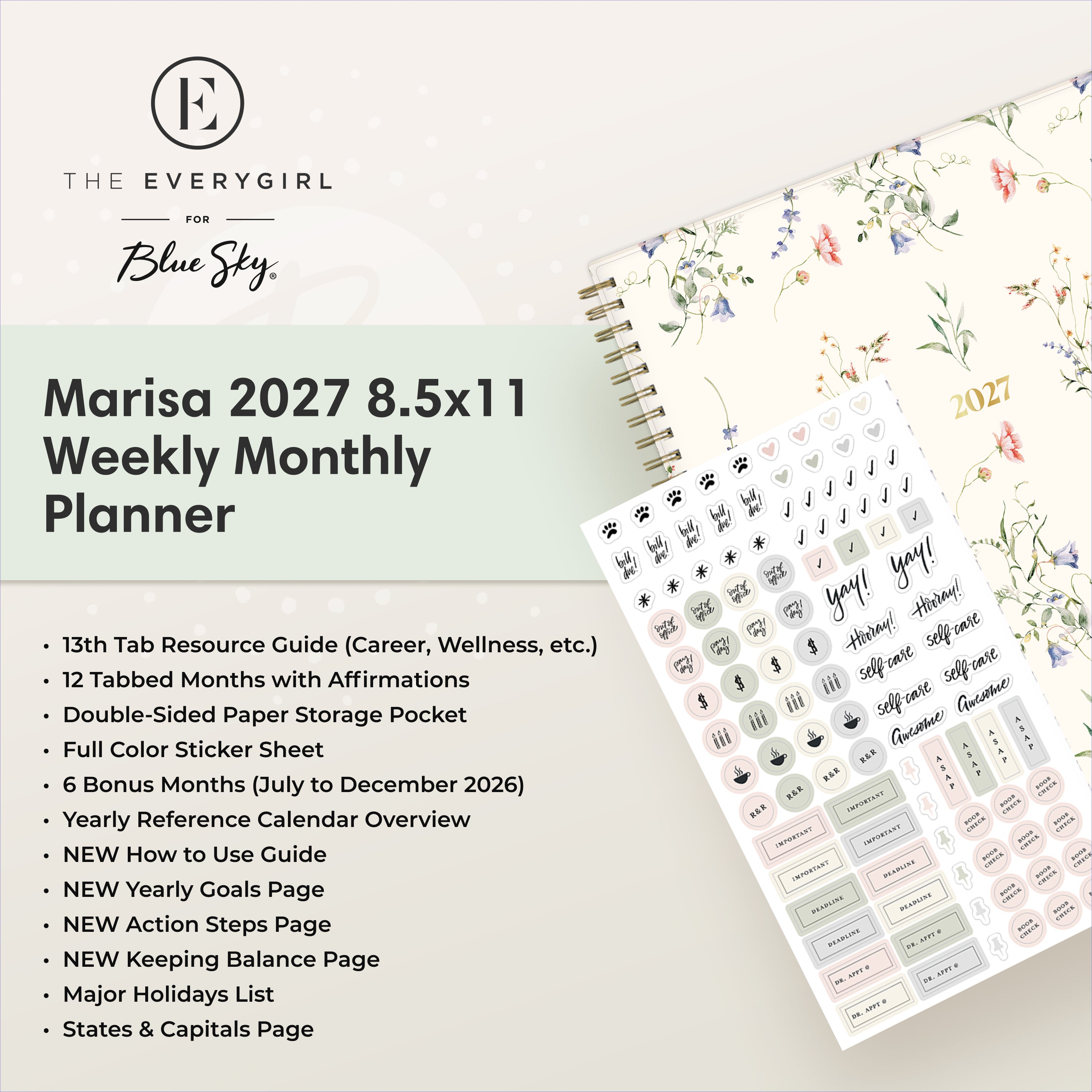 planner featuring bonus content like yearly overview, important dates, holidays, states and capitals