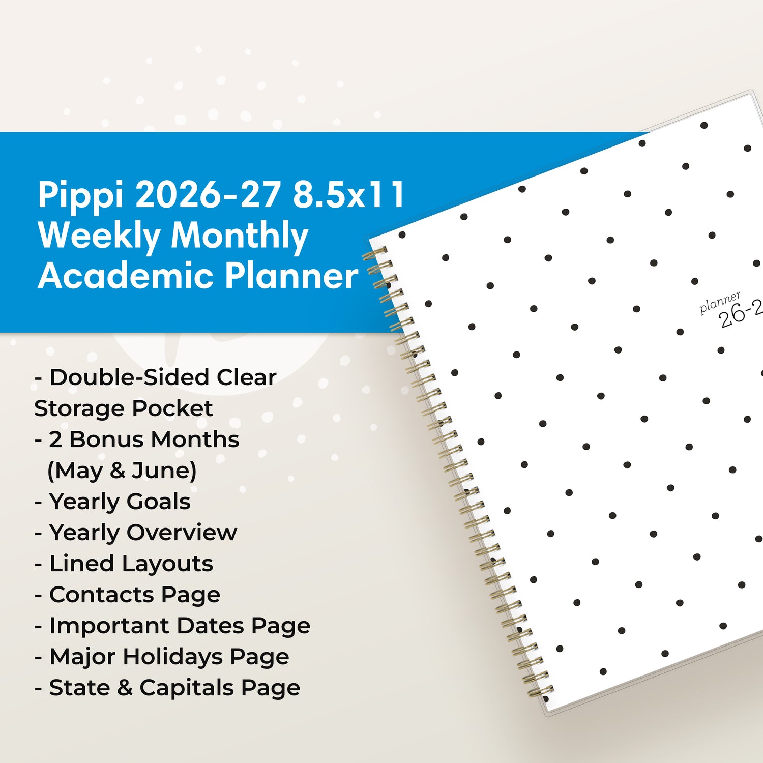 the academic planner features lots of content pages in addition to your monthly and weekly pages, yearly goals, contacts page
