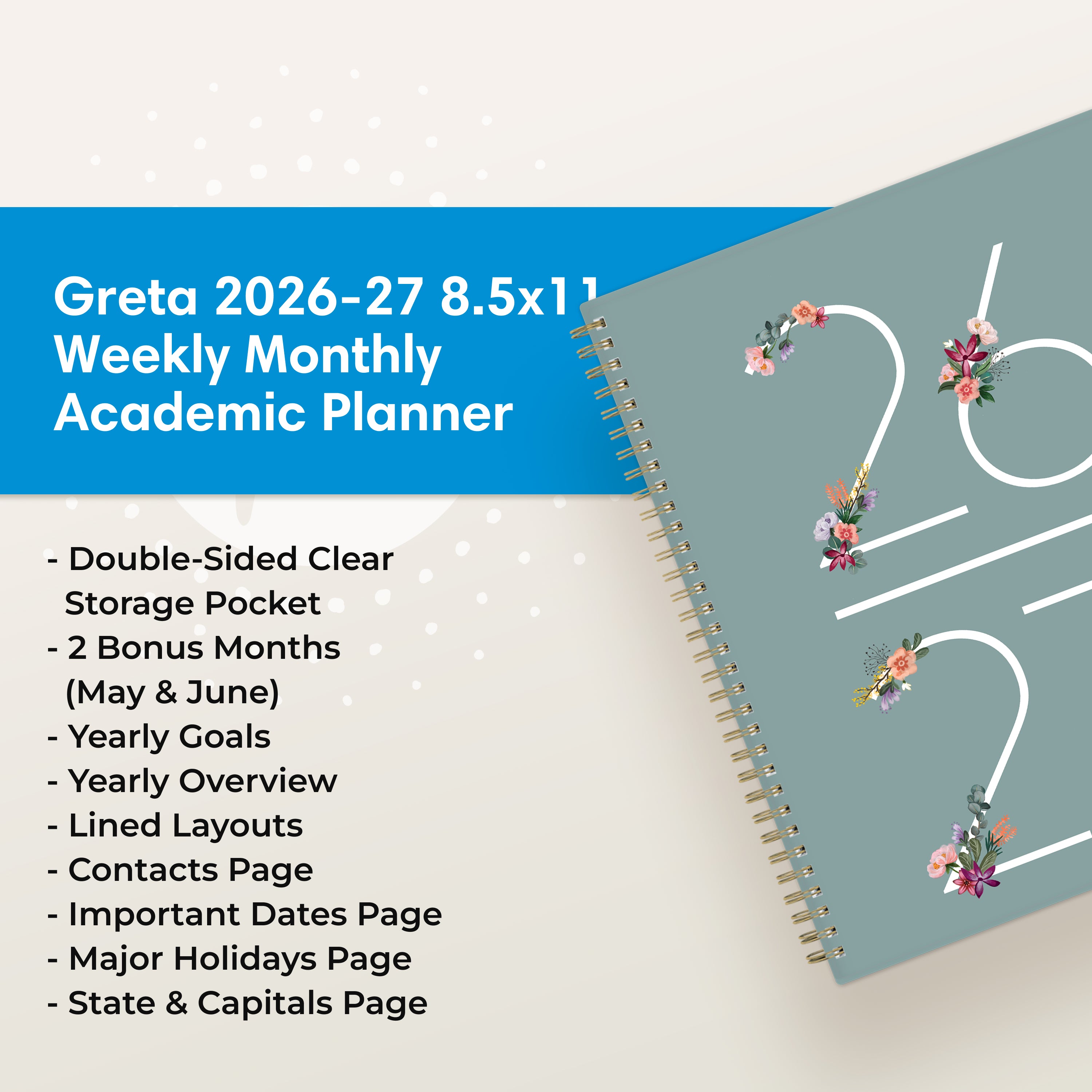 list of bonus features such as double sided pocket, bonus months, yearly overview, etc.