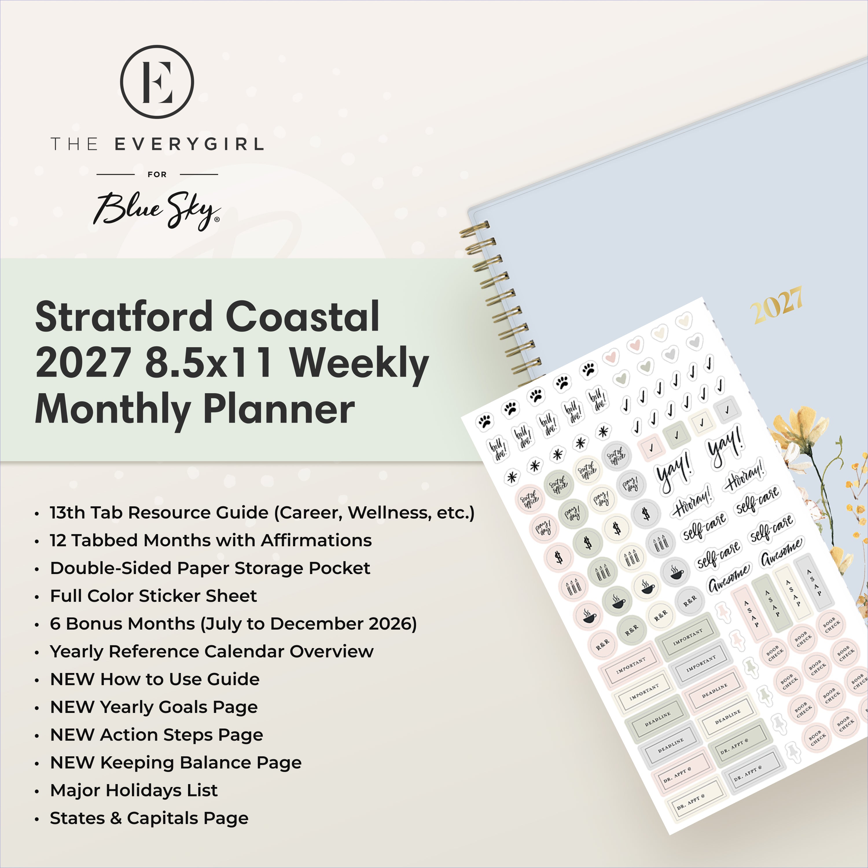planner featuring bonus content like yearly overview, important dates, holidays, states and capitals