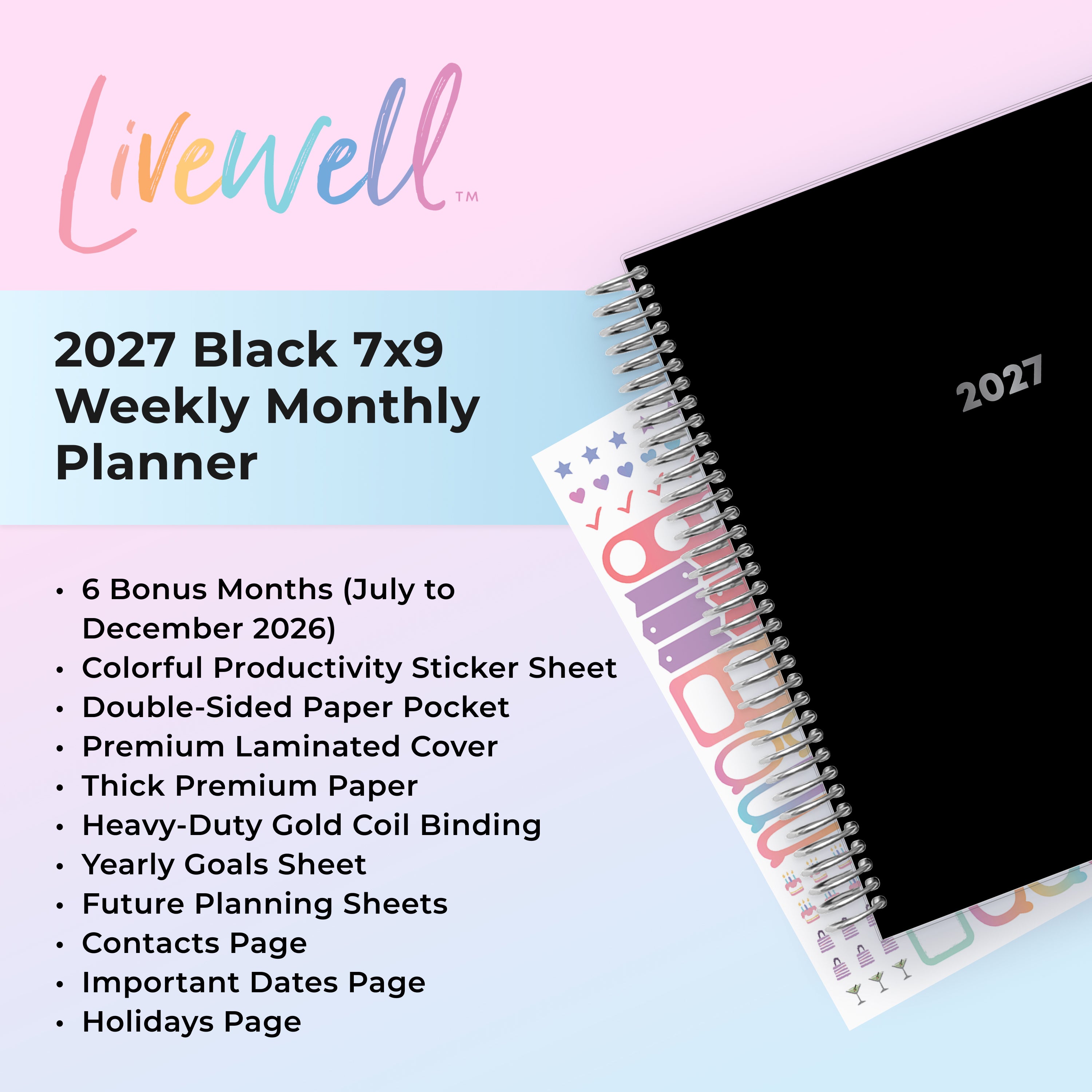 planner featuring bonus content like yearly overview, important dates, holidays, states and capitals, sticker sheets, thick paper and nice coil