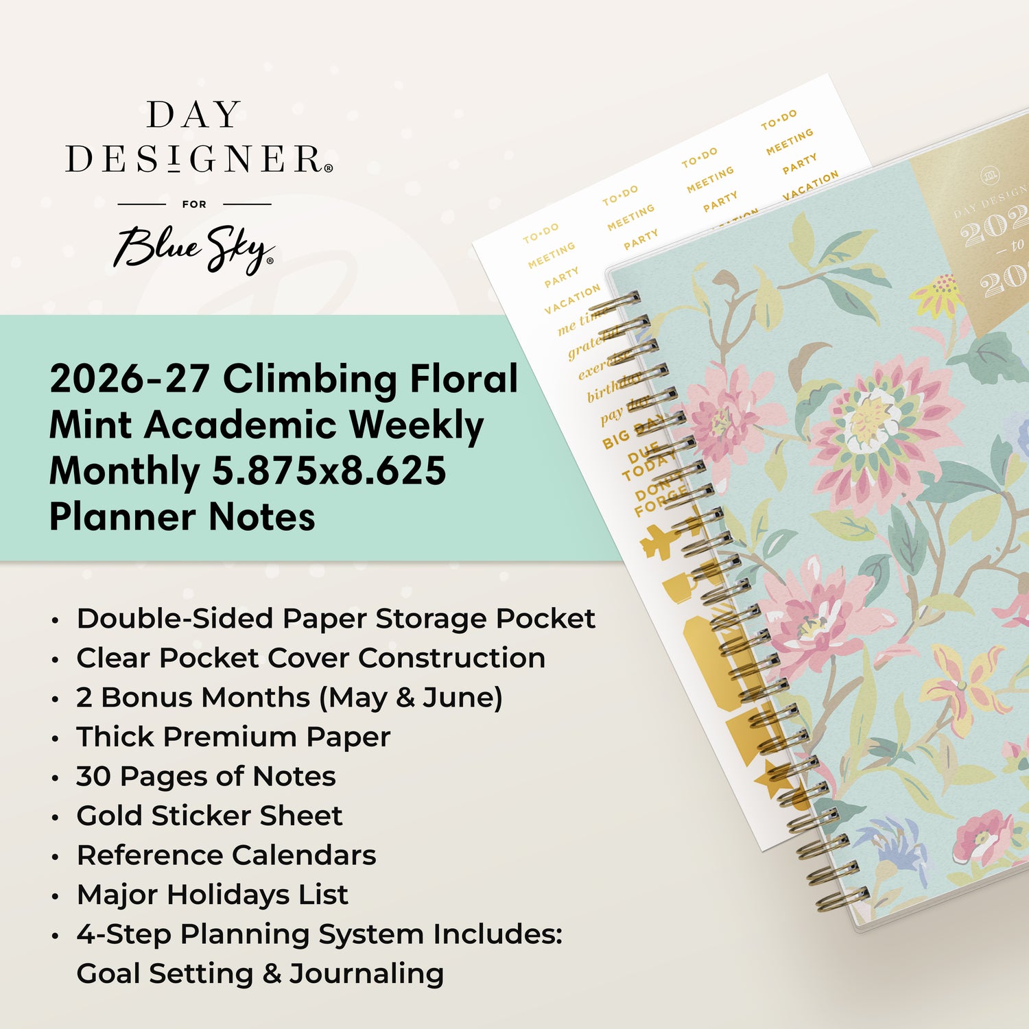 floral pattern featuring a list of features like pages, yearly goals, contacts, etc.