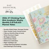 floral pattern featuring a list of features like pages, yearly goals, contacts, etc.