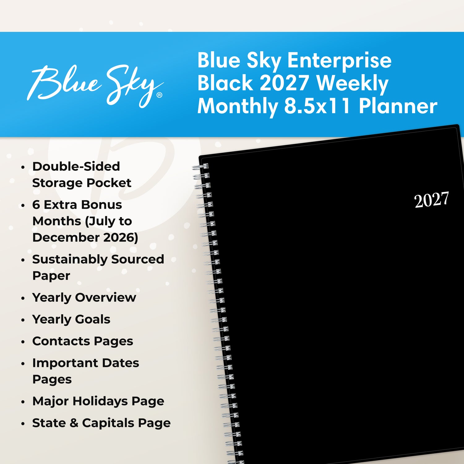 feature callout for this 2027 planner includes notes pages, goals, overview, dates page, holidays.
