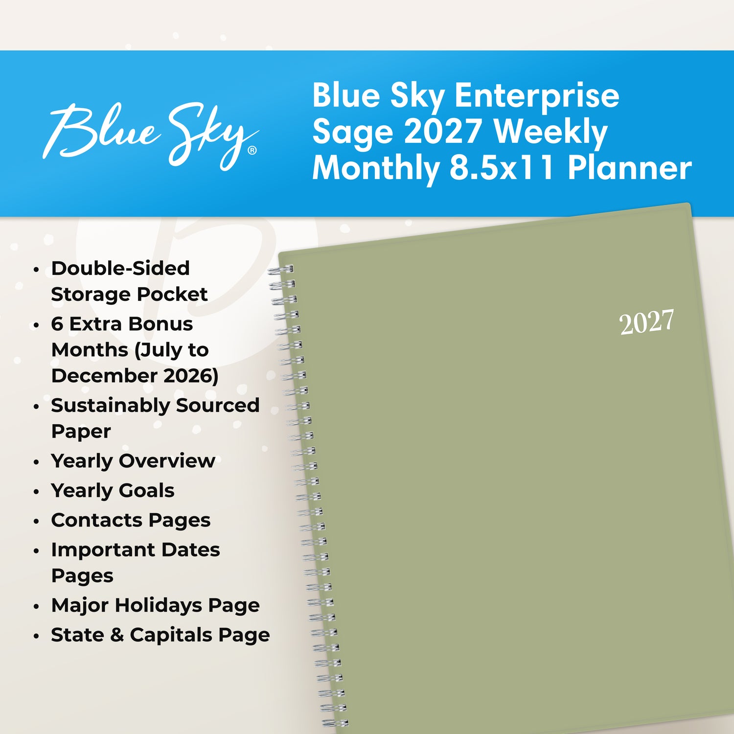feature callout for this 2027 planner includes notes pages, goals, overview, dates page, holidays.