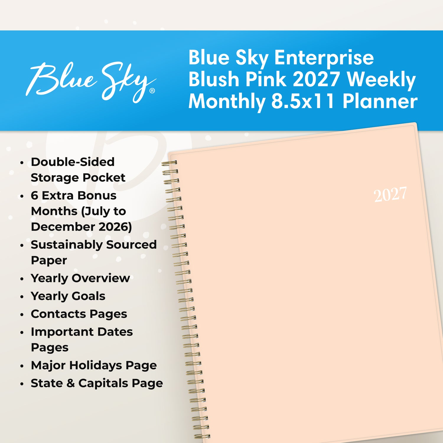 feature callout for this 2027 planner includes notes pages, goals, overview, dates page, holidays.