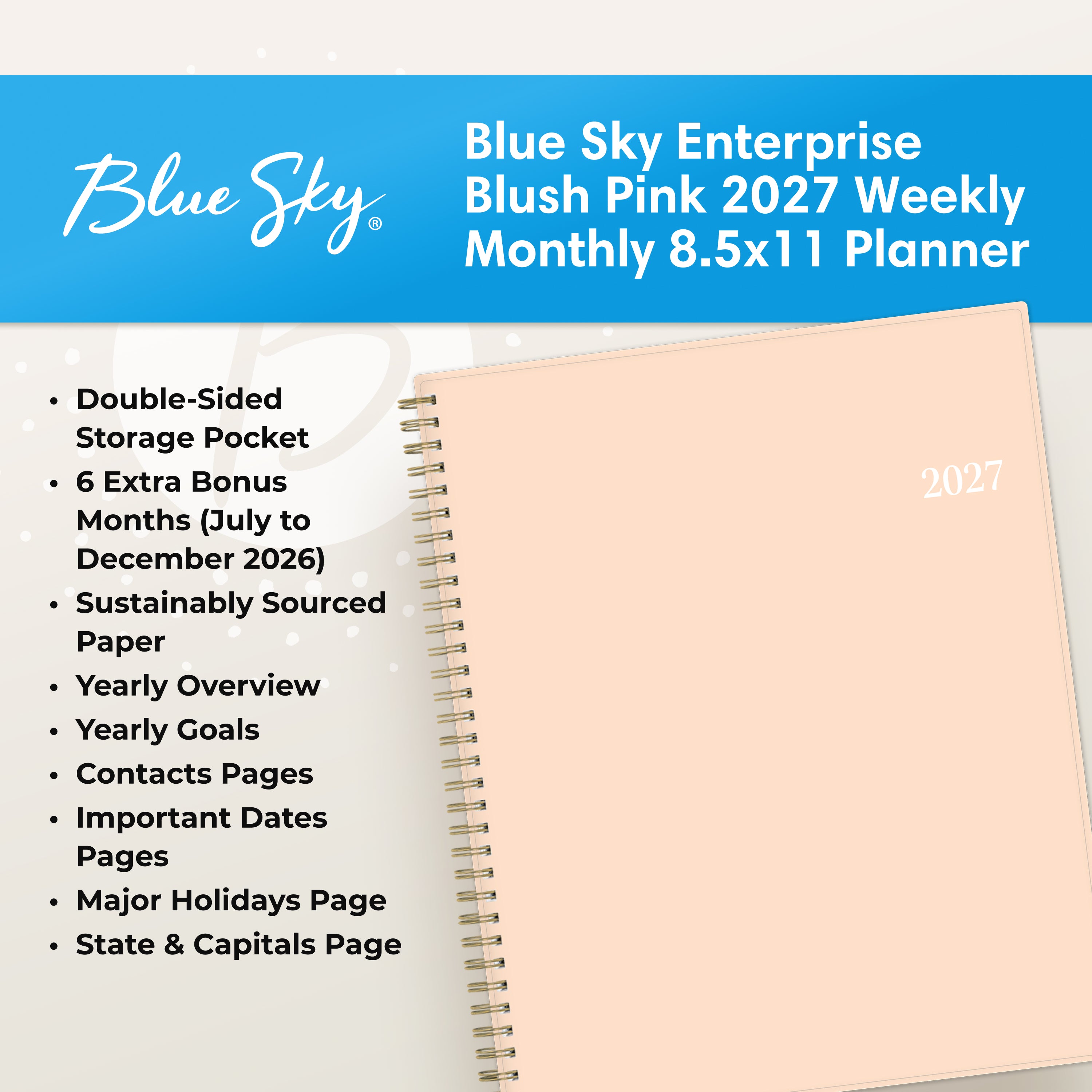 feature callout for this 2027 planner includes notes pages, goals, overview, dates page, holidays.