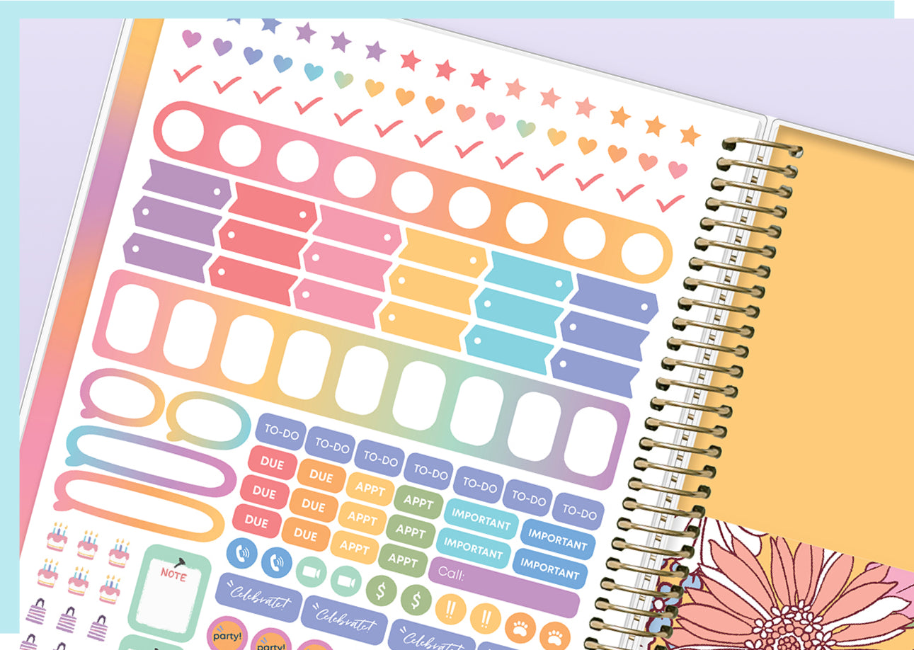 Spiral-bound planner with colorful stickers on a gradient background
