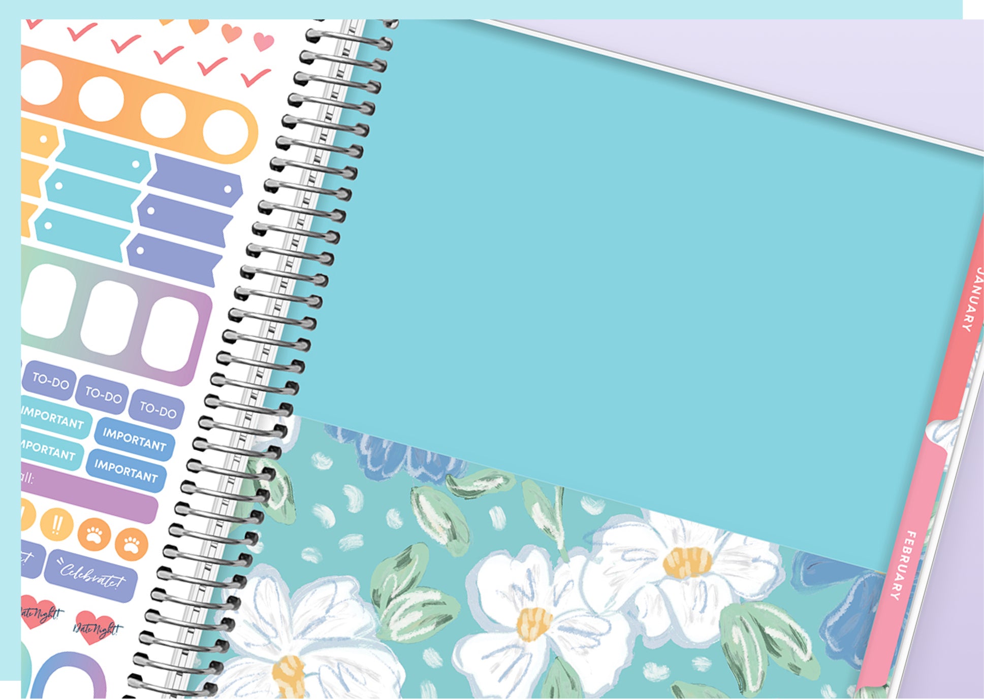 Planner with stickers and floral design on a blue background