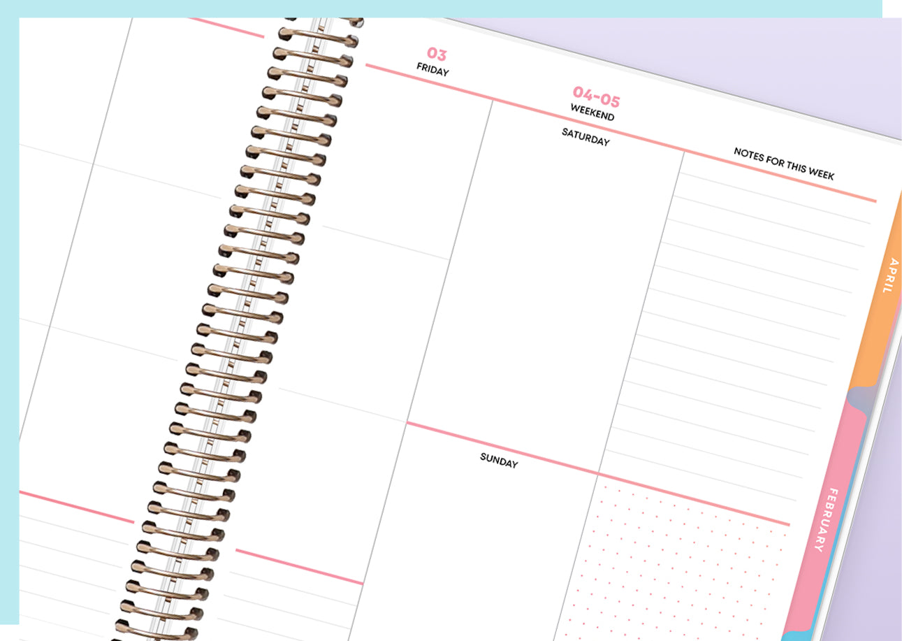 Spiral-bound planner with a weekly layout on a light purple background