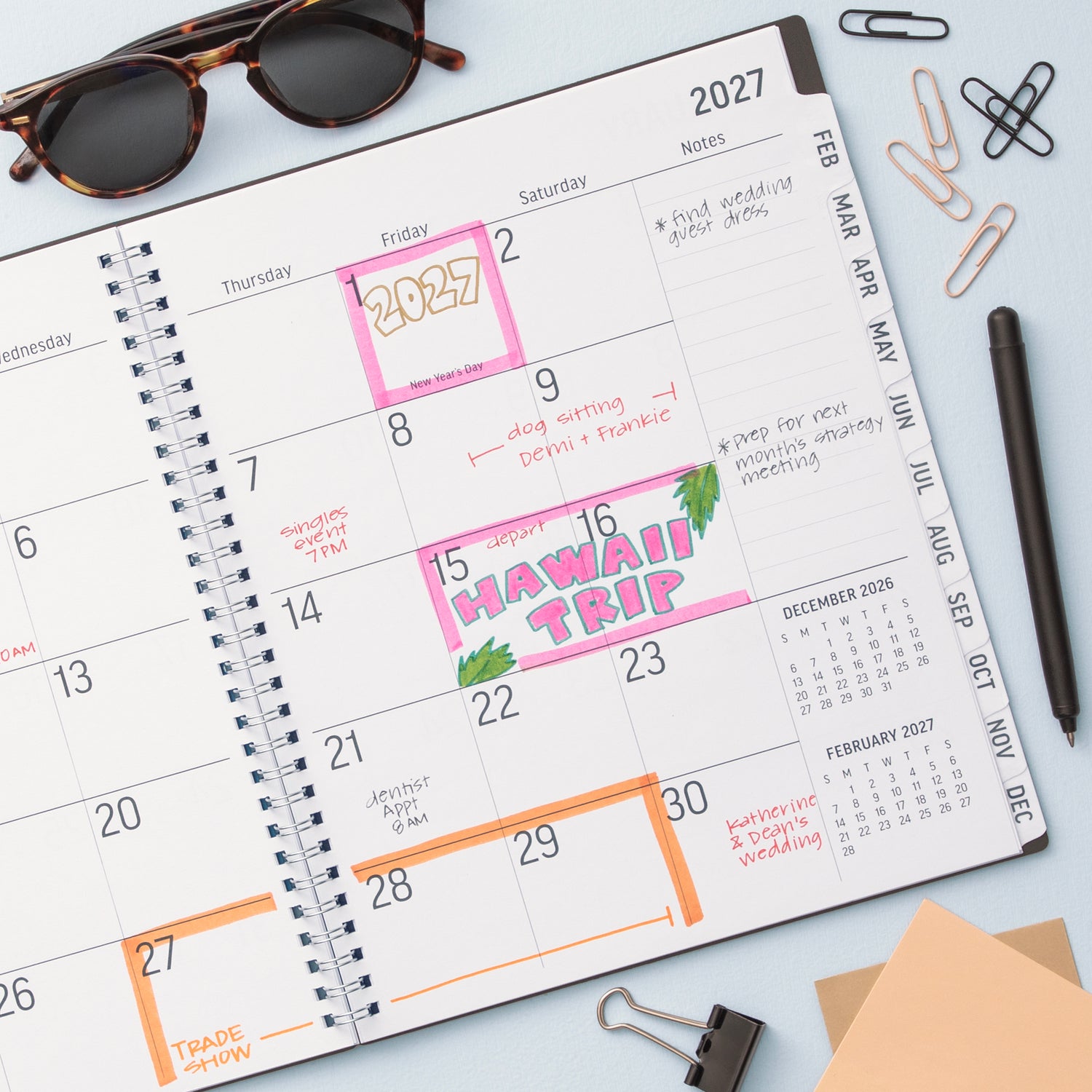 2027 monthly spread featuring ample blank writing space for each date, notes section, reference calendars, and monthly tabs