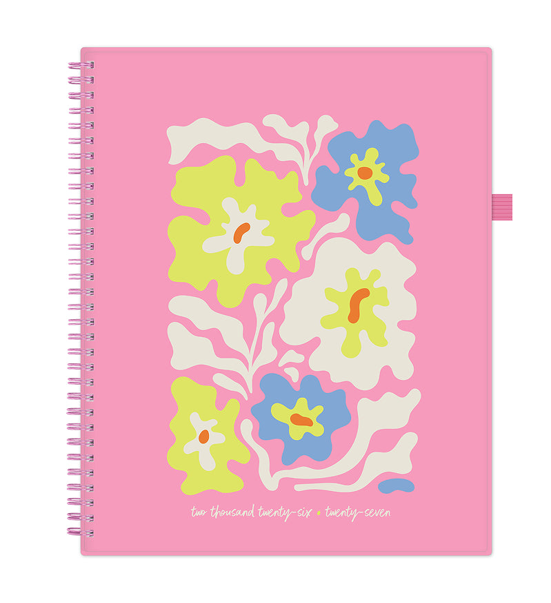 floral planner front cover with pink background weekly monthly, for 2026-2027