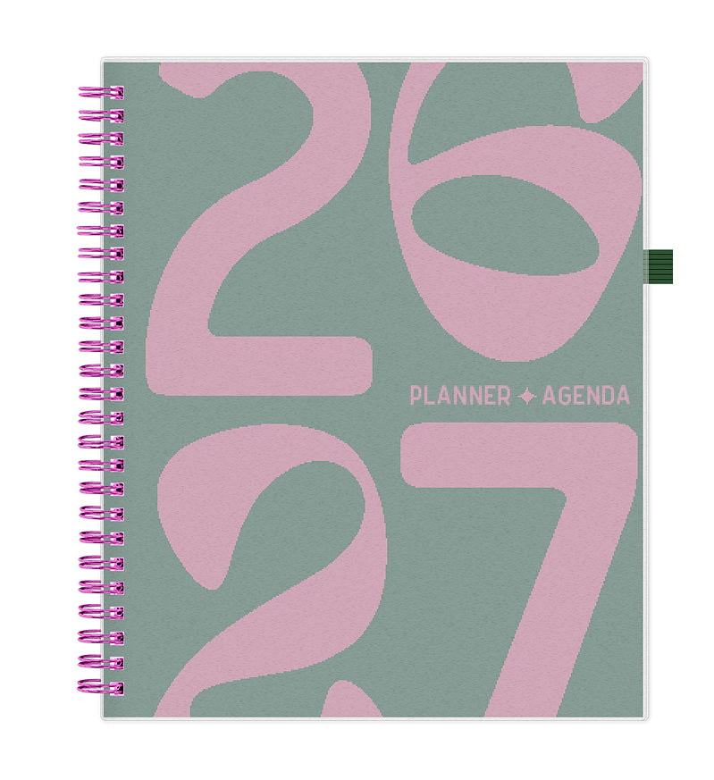 Planner and agenda with pink numbers on a green background for 2026-2027
