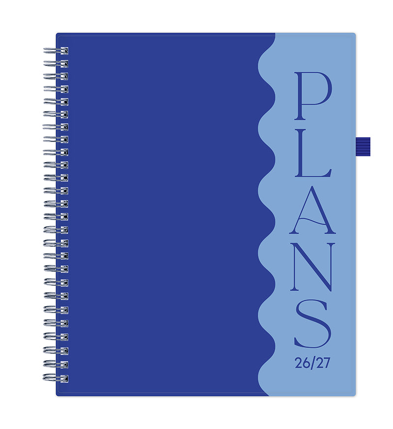 2026-2027 planner featuring wavy blue and light blue front cover with words PLANS