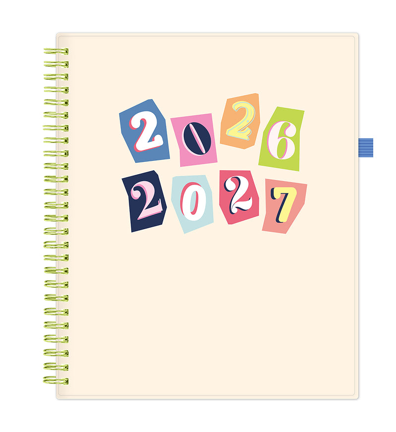 weekly monthly planner featuring 2026-2027 in mulitple colors with a beige backcover.