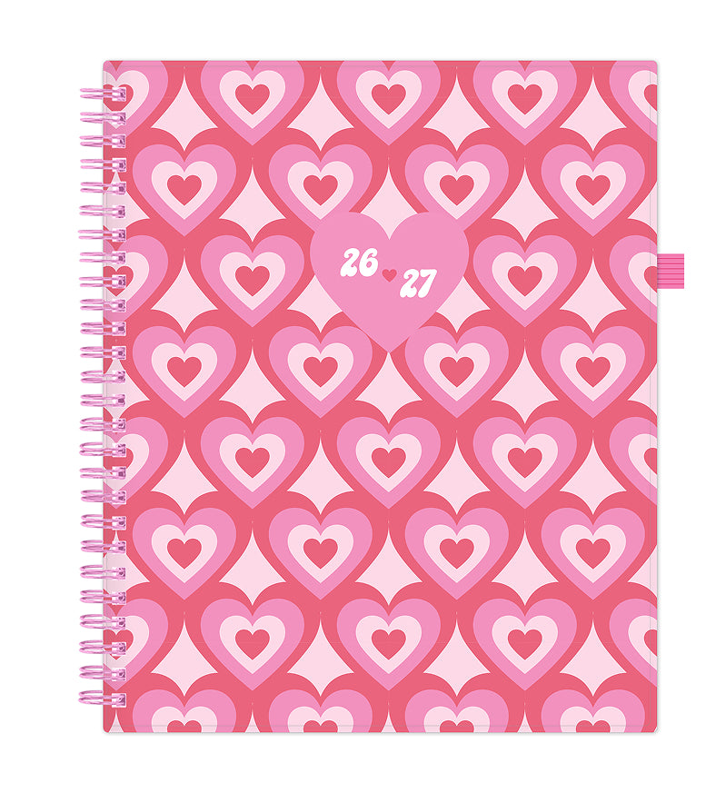Pink planner with heart pattern and date on cover for 2026-2027