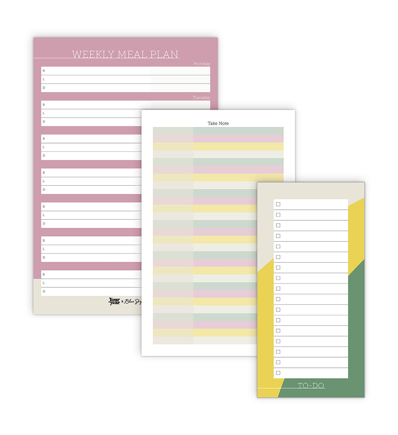 a set of 3 notepads featuring weekly meal plan, notes, and bullet points