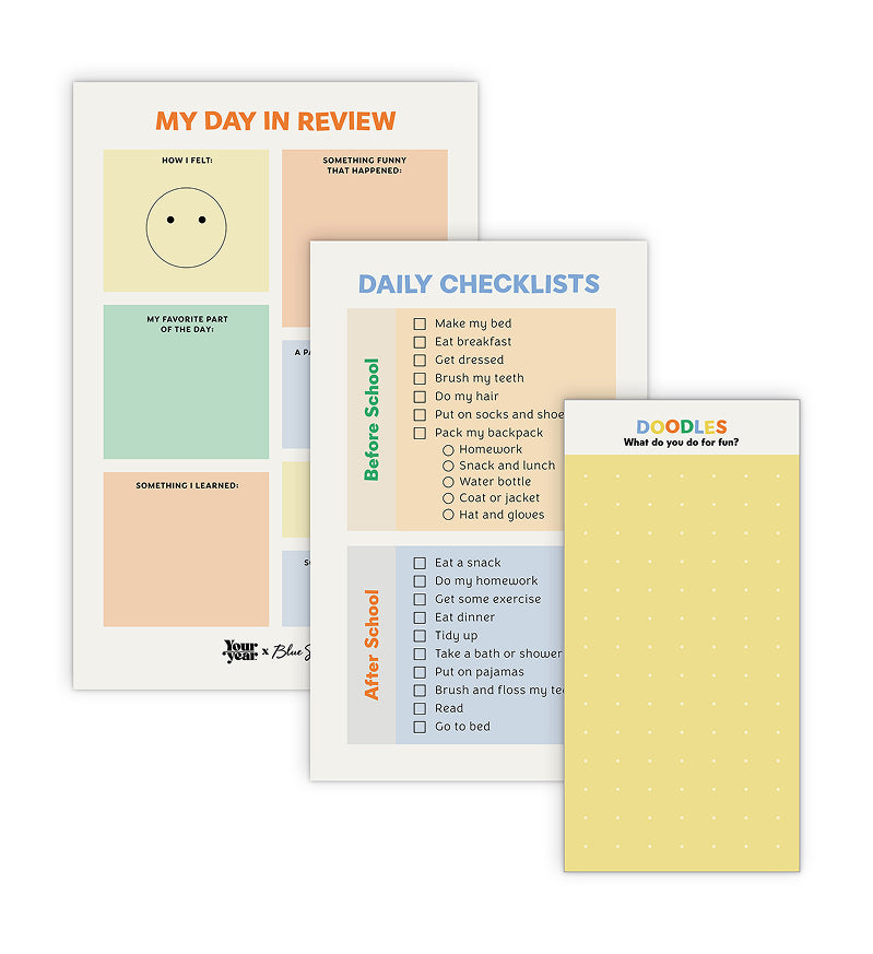 Set of educational notepads for children with checklists and activities on a white background