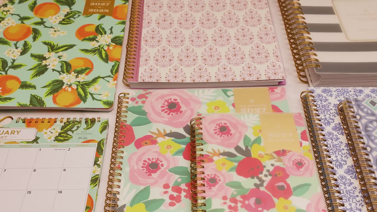 day designer for blue sky collection featuring geometric and floral front covers and the same trusted interior format with do to do lists, and ample writing space.