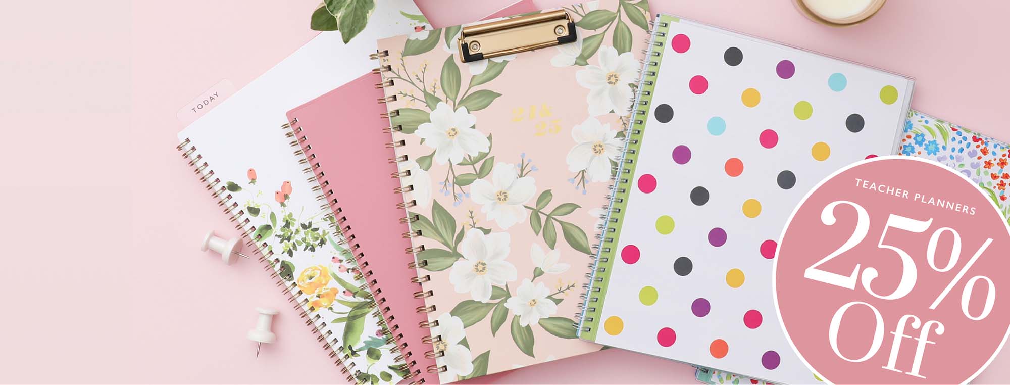 Teacher planners on sale, 25% off for Teacher Appreciation Week. Perfect for jotting down ideas or taking notes. Limited time offer!