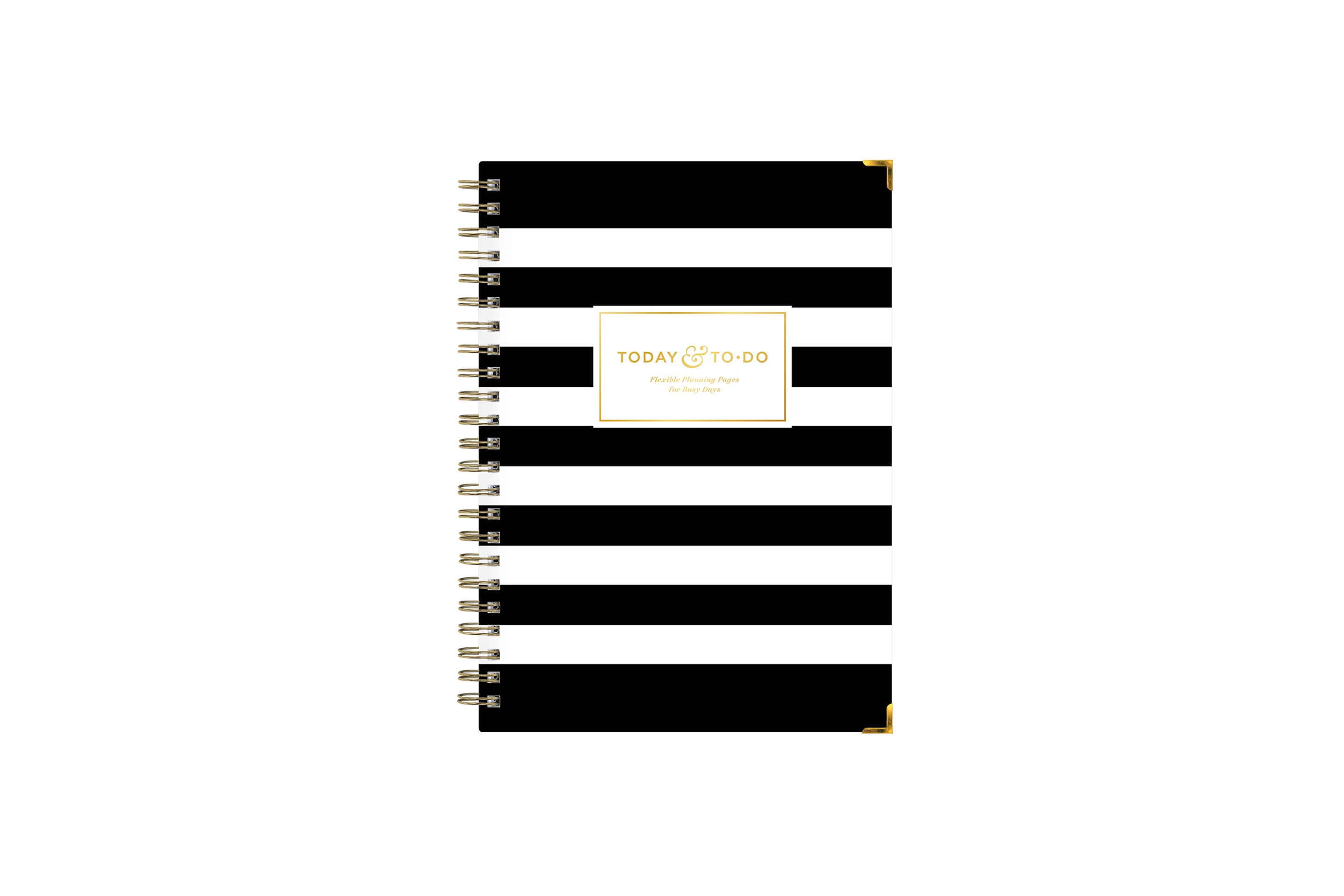 5.75x8.5 professional today and to-do notebook with important dates, notes section, to-do list, silver twin-wire-o binding on a black and white stripped front cover.