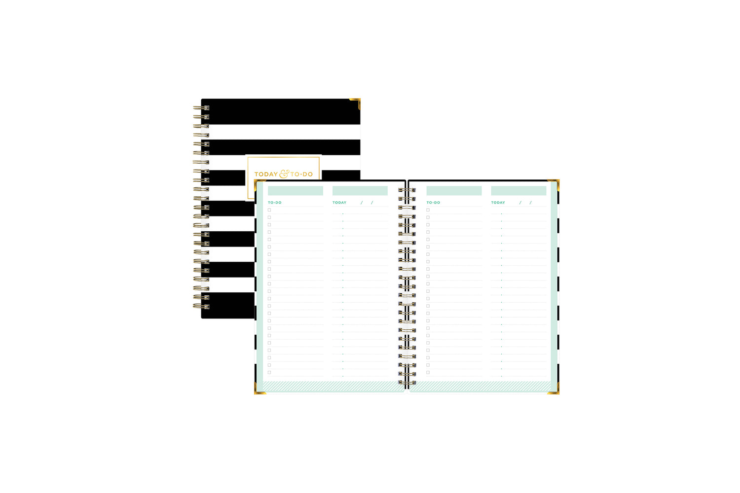 This Day designer for blue sky today and to-do notebook features an interior layout with To Do list, check boxes, ample writing spice, bullet points, and section for putting subject and dates on a mint border and white background
