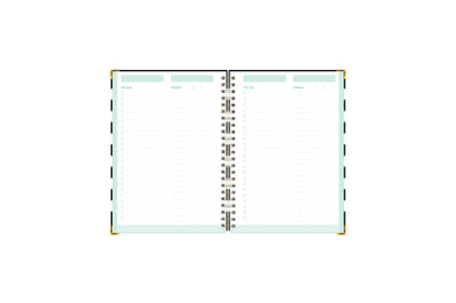 This Day designer for blue sky today and to-do notebook features an interior layout with To Do list, check boxes, ample writing spice, bullet points, and section for putting subject and dates with a mint border and white background