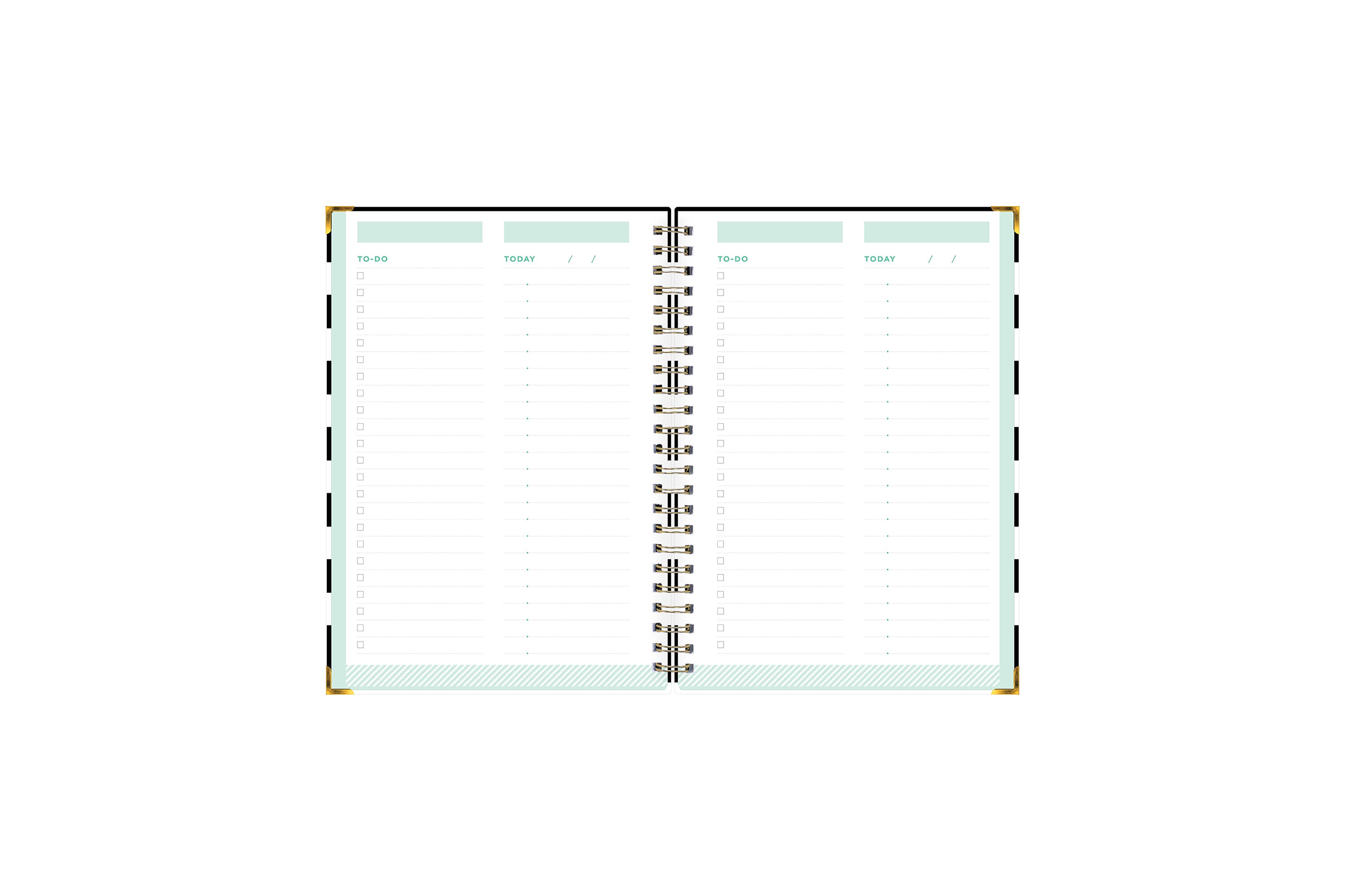This Day designer for blue sky today and to-do notebook features an interior layout with To Do list, check boxes, ample writing spice, bullet points, and section for putting subject and dates with a mint border and white background