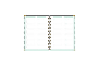 This Day designer for blue sky today and to-do notebook features an interior layout with To Do list, check boxes, ample writing spice, bullet points, and section for putting subject and dates with a mint border and white background
