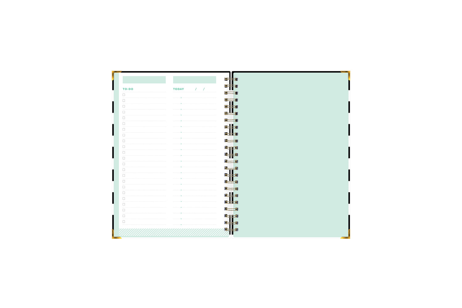 This Day designer for blue sky today and to-do notebook features an interior layout with To Do list, check boxes, ample writing spice, bullet points, and section for putting subject and dates.