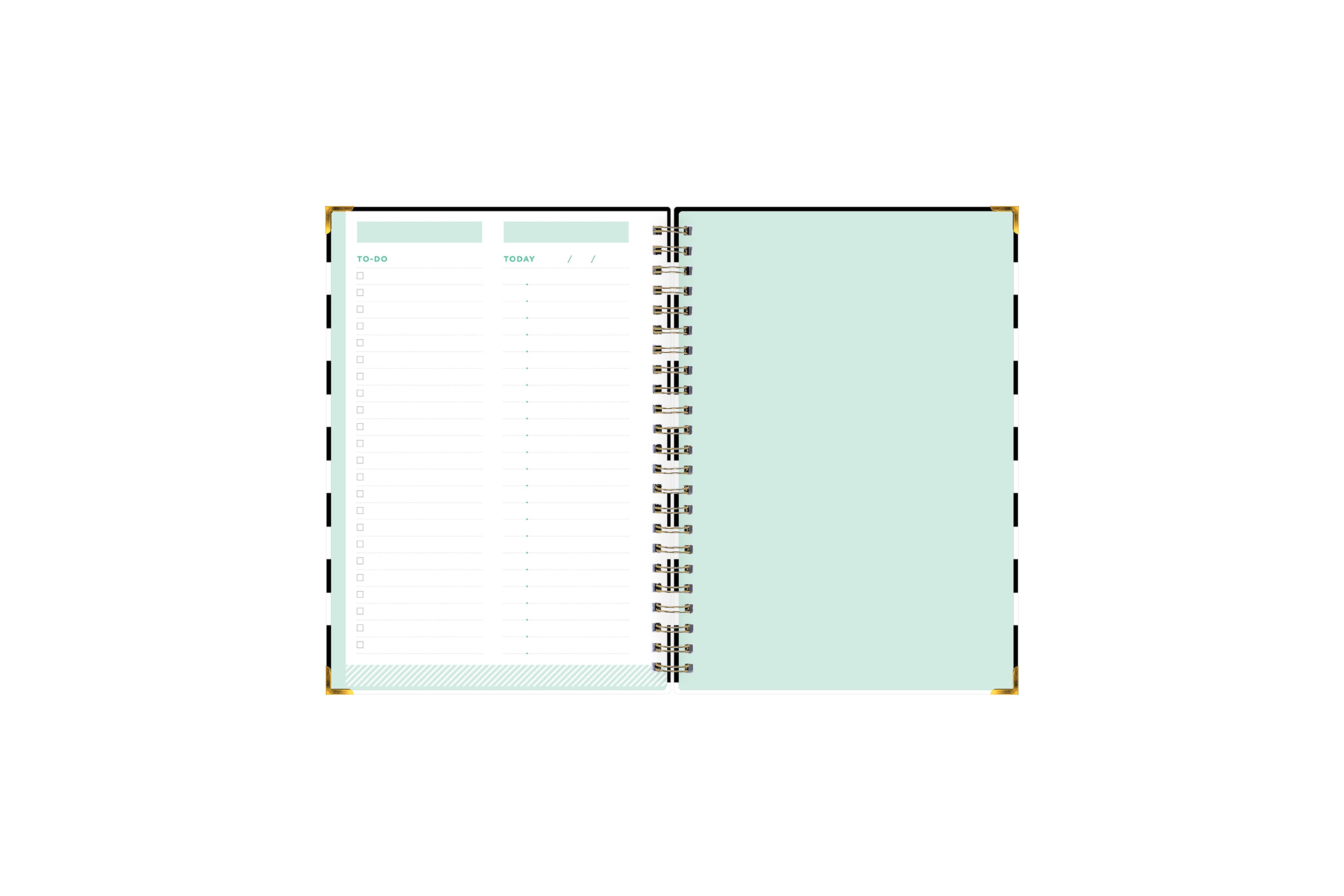 This Day designer for blue sky today and to-do notebook features an interior layout with To Do list, check boxes, ample writing spice, bullet points, and section for putting subject and dates.