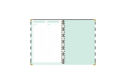 This Day designer for blue sky today and to-do notebook features an interior layout with To Do list, check boxes, ample writing spice, bullet points, and section for putting subject and dates.