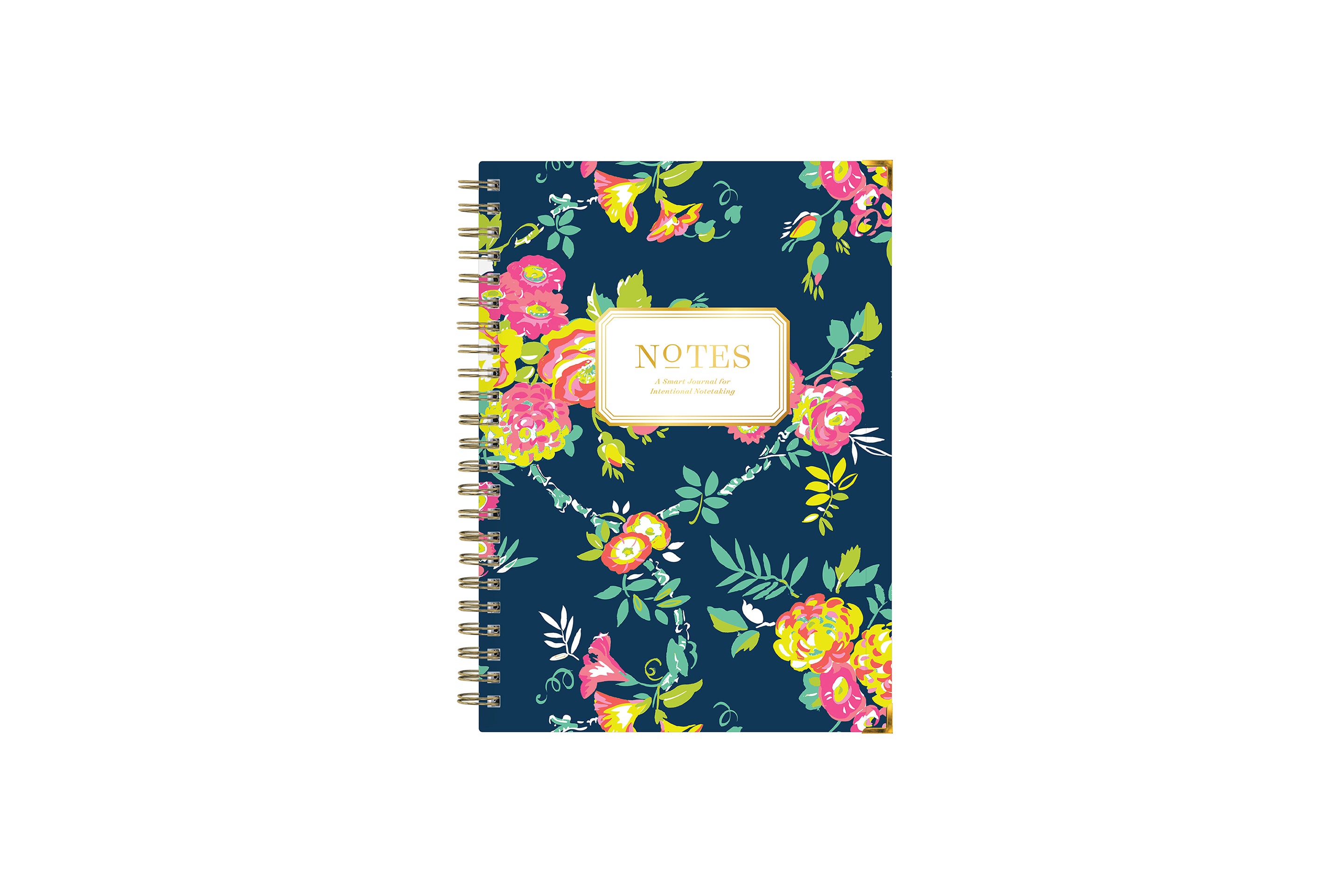 5.75x8.5 floral designed notebook featuring ample writing space for notes, a gold twin wire-o binding, and a smart way to start planning