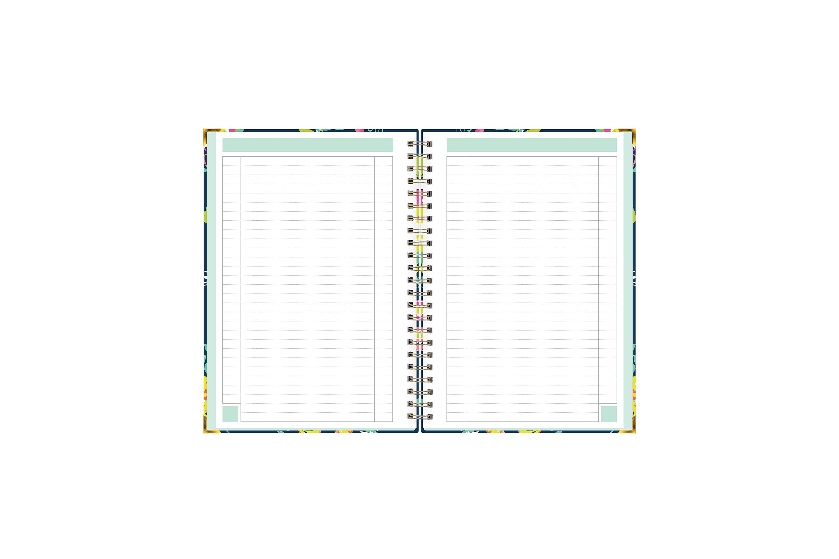 Day designer for blue sky floral notebook featuring ample lined writing space for important dates, notes, to-do lists, bullet points, and mint border.
