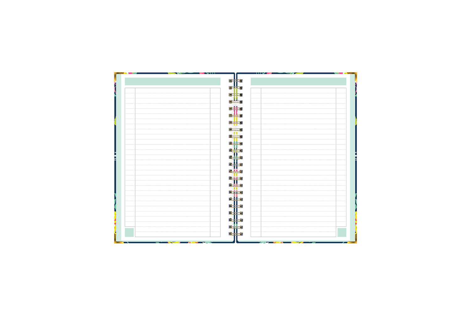 Day designer for blue sky floral notebook featuring ample lined writing space for important dates, notes, to-do lists, bullet points, and mint border.