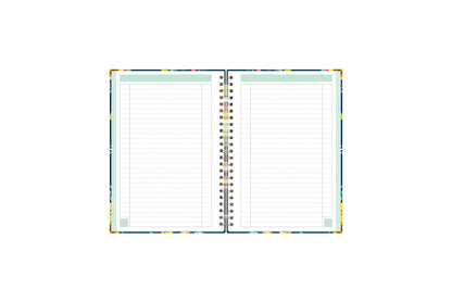 Day designer for blue sky floral notebook featuring ample lined writing space for important dates, notes, to-do lists, bullet points, and mint border.