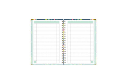 Day designer for blue sky floral notebook featuring ample lined writing space for important dates, notes, to-do lists, bullet points, and mint border.