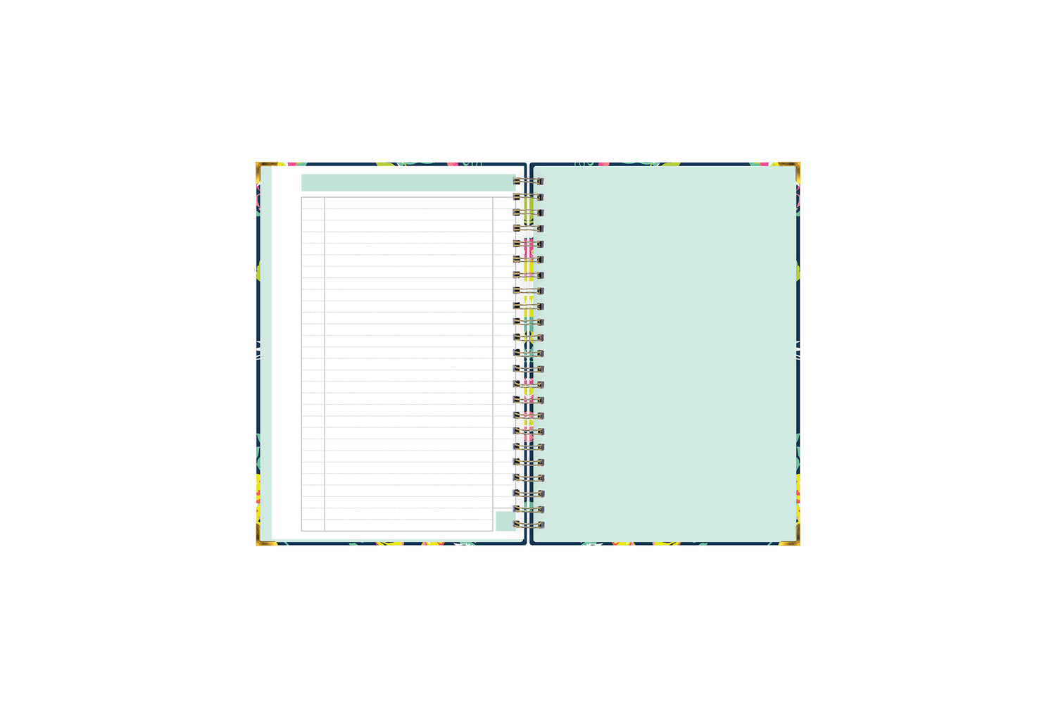 Day designer for blue sky floral notebook featuring ample lined writing space for important dates, notes, to-do lists, bullet points, and mint border.