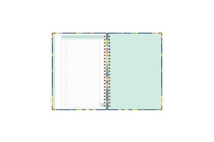 Day designer for blue sky floral notebook featuring ample lined writing space for important dates, notes, to-do lists, bullet points, and mint border.