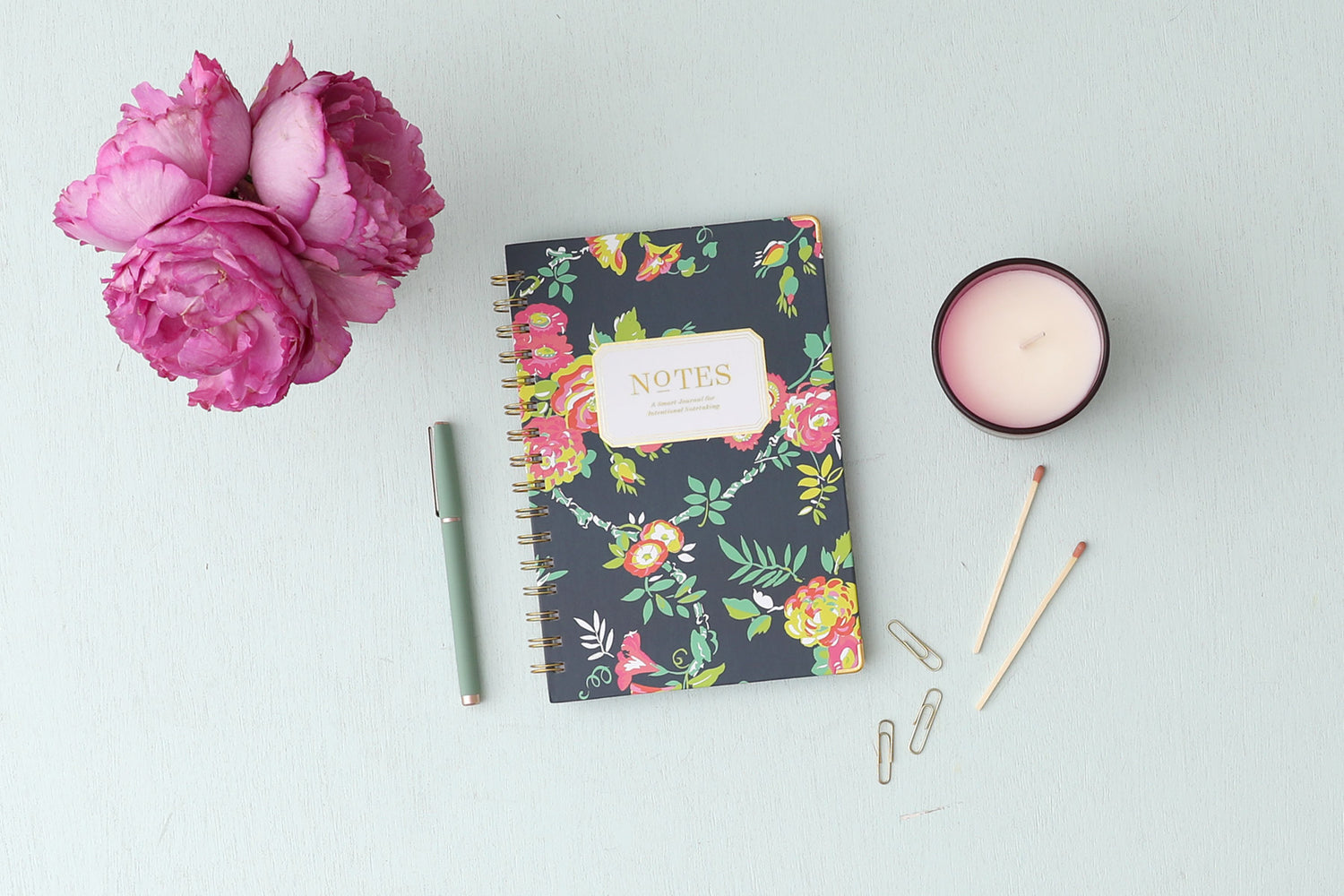 5.75x8.5 floral designed notebook featuring ample writing space for notes, a gold twin wire-o binding, and a smart way to start planning