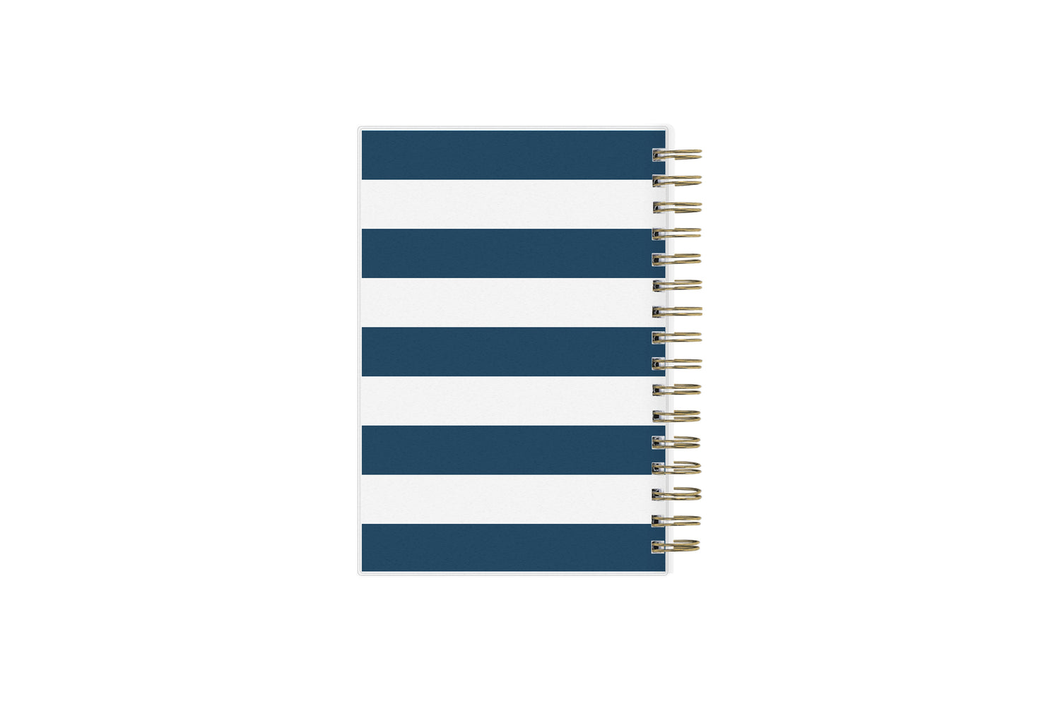 This 5x8 daily planner from day designer for blue sky features a notes section with ample lined writing space, white monthly tabs with gold imprinted text, and gold borders